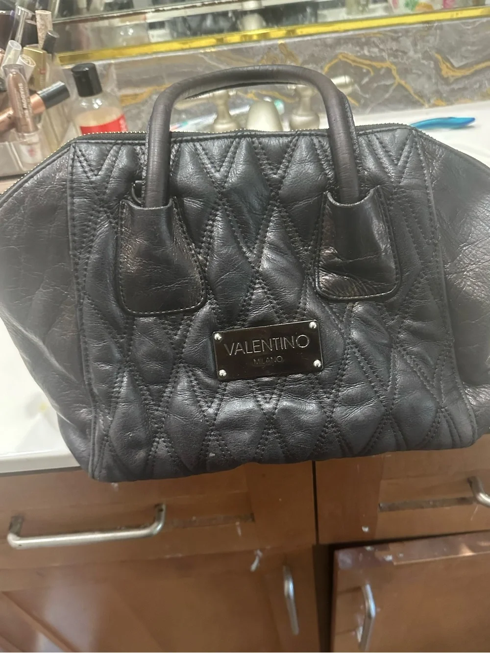 Valentino Black Quilted Leather Satchel with Logo Plate